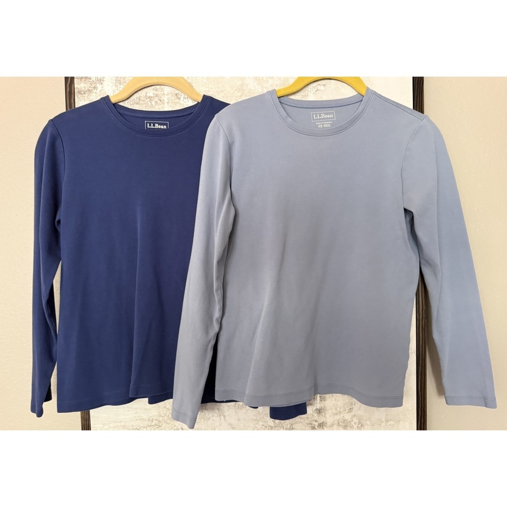 L.L. Bean Womens XS Reg 100% Cotton Long Sleeve Crewneck T-Shirts x 2 Blues